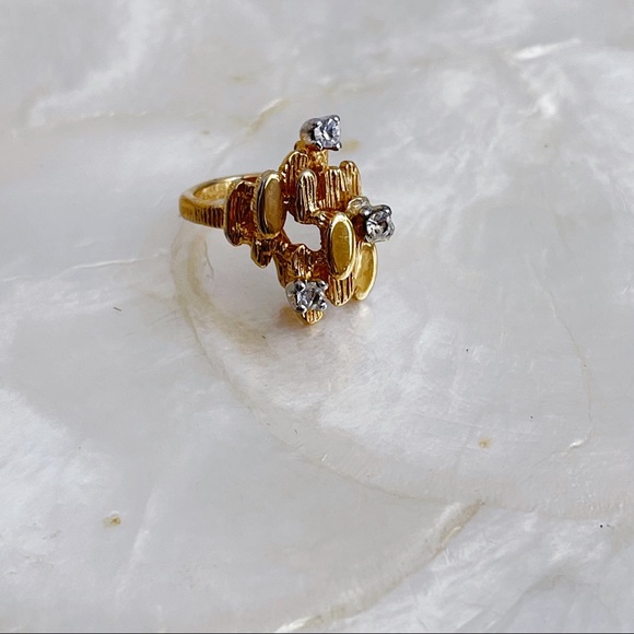 Vintage 18K HGE CZ Abstract Nugget Brutalist Ring Sz 5 Cocktail Statement Ring - Picture 2 of 13